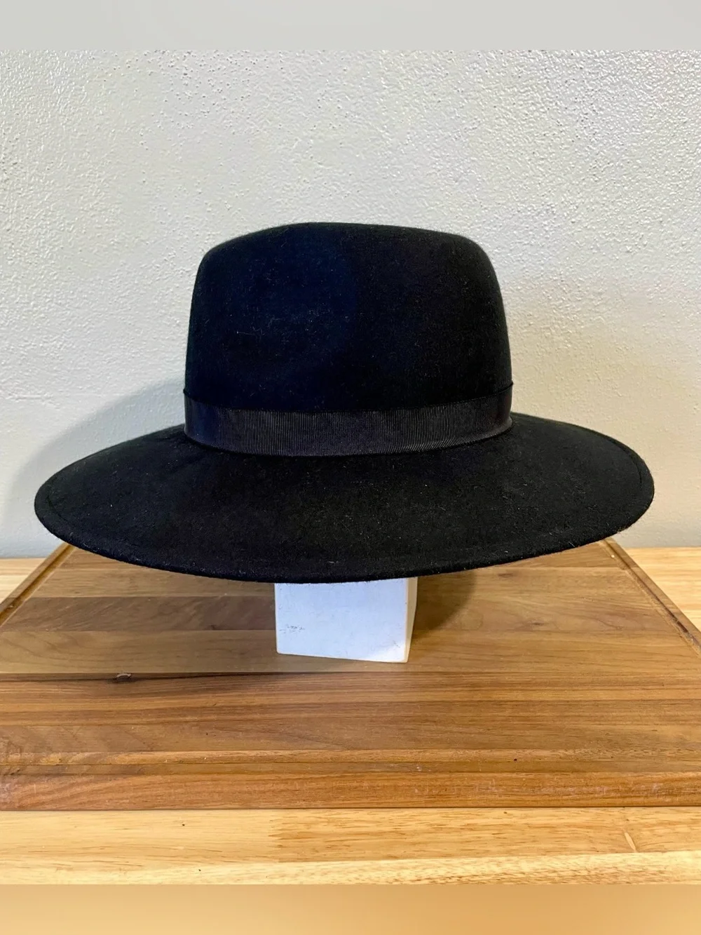 Wool Fedora Wide Brim Hat Logo Trim Black 22 1/4 Inches Classic All Saints Warm